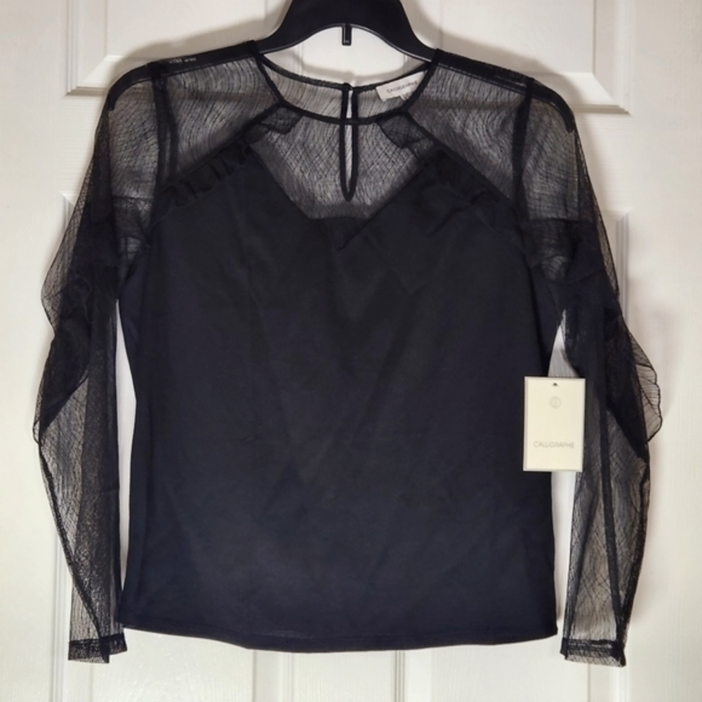 Calligraphie Black Large NWT Lace Ruffle Dressy Luxurious‎ Style Blouse Top Gift